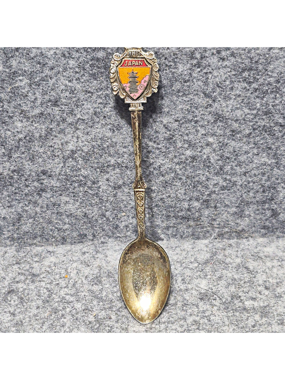 Japan Souvenir Spoon "JAPAN" Crest Pagoda Shield Handle, Silver Tone